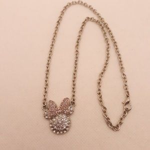 Disney Minnie Mouse Pink and White Rhinestone Silver Tone Necklace